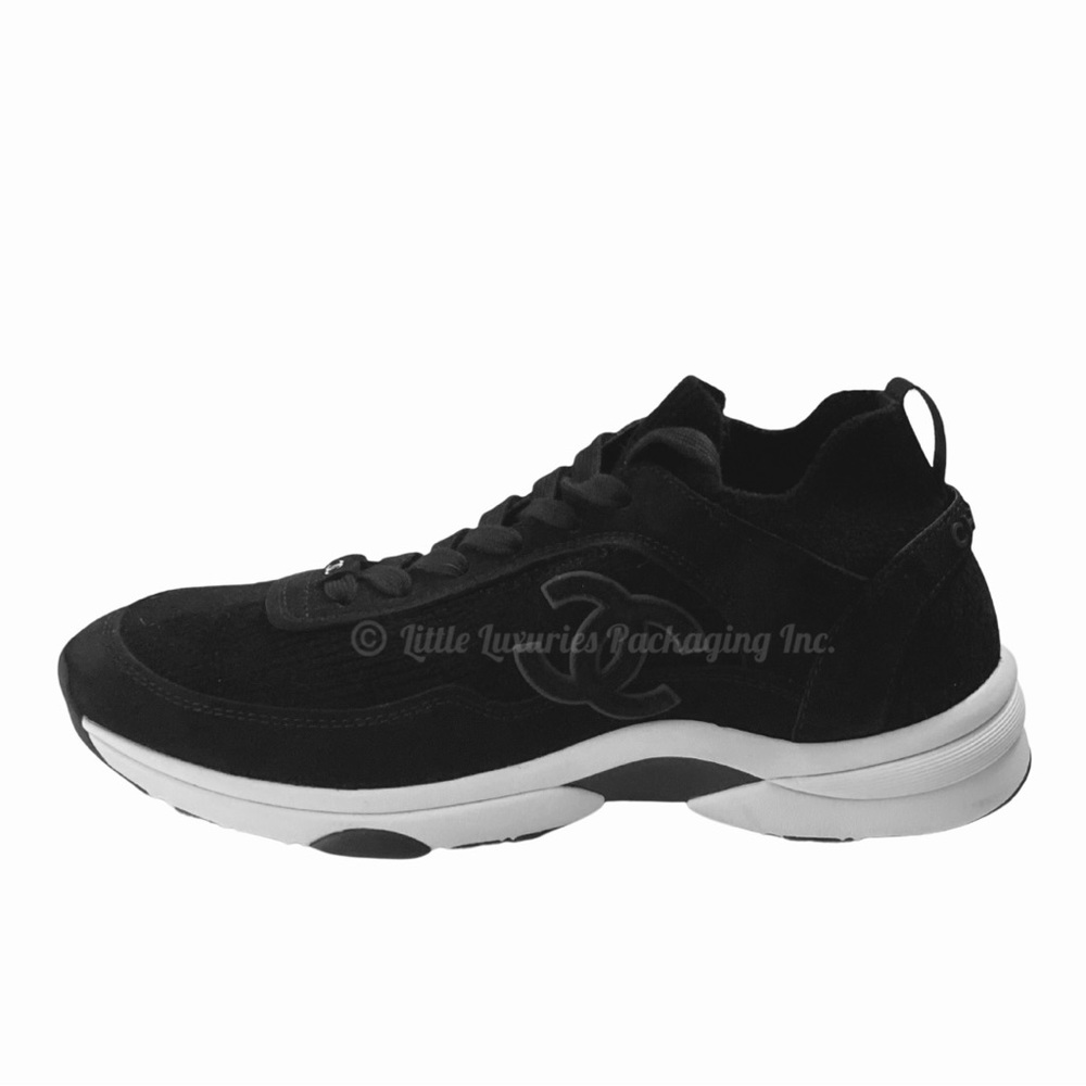 Authentic Chanel Women's Black/Black Knit Fabric Suede Calfskin CC Logo Sneakers - Picture 2 of 14